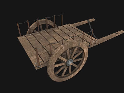 Traditional Wooden Cart With Spoked Wheels Plank Floor And Side Railings 3d model