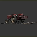 Red Tractor Model With Attached Trailer On Dirt Base And Weeds 3d model