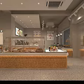 Bright Dessert Shop Interior With Wooden Tables Chairs Hanging Lights And Wall Posters