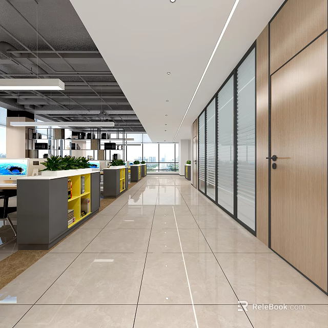 Modern Office Hallway Interior Design With Glass Partitions Ceiling Lights And Green Plants 3d model 