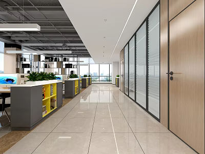 Modern Office Hallway Interior Design With Glass Partitions Ceiling Lights And Green Plants 3d model