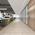 Modern Office Hallway Interior Design With Glass Partitions Ceiling Lights And Green Plants
