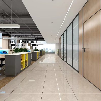 Modern Office Hallway Interior Design With Glass Partitions Ceiling Lights And Green Plants 3d model