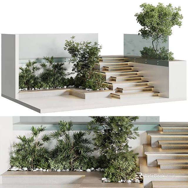 Modern Garden Landscape Featuring Layered Stone Steps Elevated Platforms Lush Green Plants and White Walls 3d model 