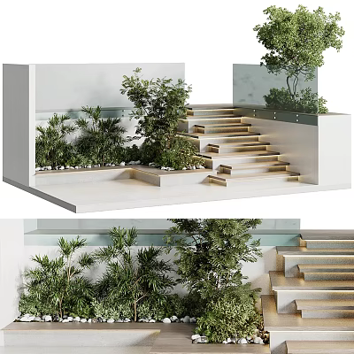 Modern Garden Landscape Featuring Layered Stone Steps Elevated Platforms Lush Green Plants and White Walls 3d model