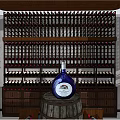 Wine Cellar Interior Featuring Wooden Barrel Blue Bottle And Shelves Full Of Wine