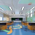 Modern Laboratory Interior Featuring Round Lab Tables Stools Sinks Bright Lighting And Science Decor 3d model