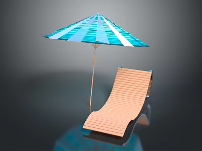 Modern Wooden Outdoor Lounge Chair with Blue and White Striped Umbrella and Reflective Surface 3d model