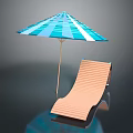 Modern Wooden Outdoor Lounge Chair with Blue and White Striped Umbrella and Reflective Surface