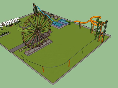 Amusement Park Layout Featuring Ferris Wheel Water Slide Roller Coaster And Green Lawn 3d model