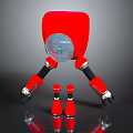 Red Square Robot With Transparent Circular Section And Smaller Red Robots On Black Surface 3d model