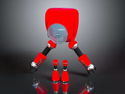 Red Square Robot With Transparent Circular Section And Smaller Red Robots On Black Surface 3d model
