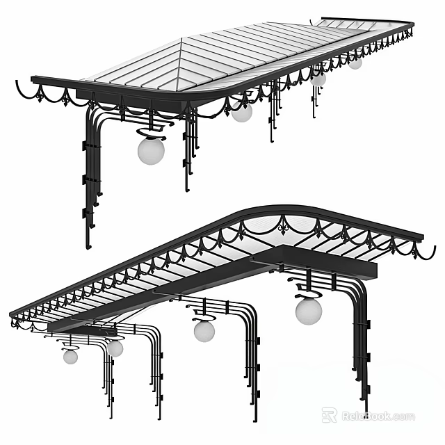 Outdoor Decorative Canopy Featuring Glass Roof And Ornate Metal Supports With Hanging Lights 3d model 