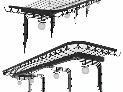 Outdoor Decorative Canopy Featuring Glass Roof And Ornate Metal Supports With Hanging Lights 3d model