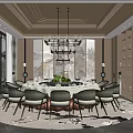 Modern Elegant Private Dining Room Interior With Round Dining Table Chandelier And Landscape Painting