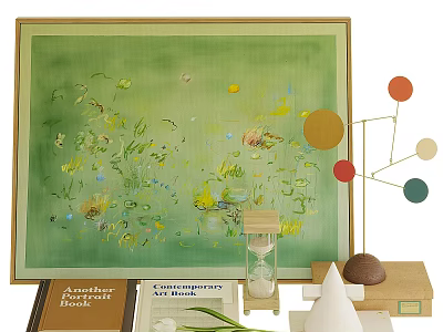 Artistic Decorative Ornament Set With Green Painting Kinetic Sculpture Hourglass And Books 3d model
