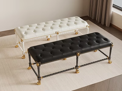 Black And White Tufted Leather Benches With Metal Legs And Gold Feet For Home Decor 3d model