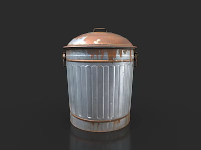 Rusty Metal Trash Can With Ribbed Body And Rusted Copper Lid For Household Use 3d model