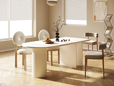 Bright White Oval Dining Table Set With Round Backrest Chairs Armchairs And Tabletop Decor 3d model