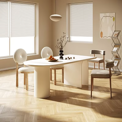 Bright White Oval Dining Table Set With Round Backrest Chairs Armchairs And Tabletop Decor 3d model