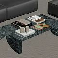 Elegant Green Marble Coffee Table With Magazines Candles And Black Sofas 3d model