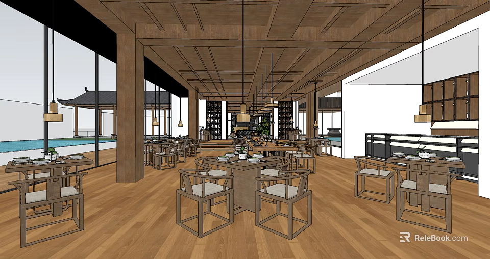 Modern Restaurant Interior With Wooden Ceiling Flooring And Dining Tables Chairs 3d model 