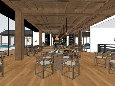 Modern Restaurant Interior With Wooden Ceiling Flooring And Dining Tables Chairs 3d model