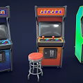 Colorful Vintage Arcade Game Machines In Blue Red Green With Red Stool