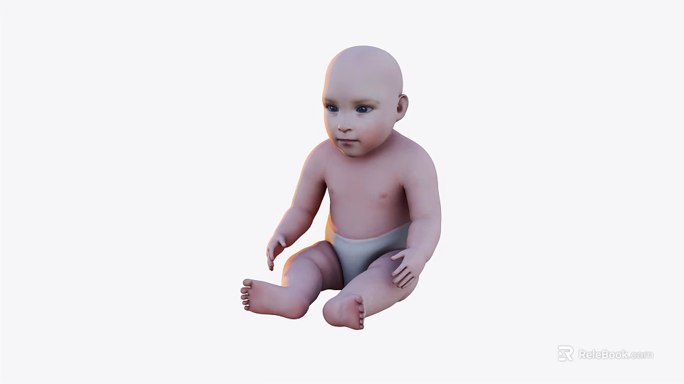 Cute Baby Sitting in Diaper with Light Skin on White Background 3d model 