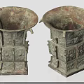 Two Ancient Style Ceramic Vessels with Flared Mouths Intricate Carvings Decorative Handles and Square Bases