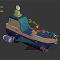 Blue and Beige Water Transport Vessel Featuring Orange Robotic Arm Radar Antenna and Red Propulsion