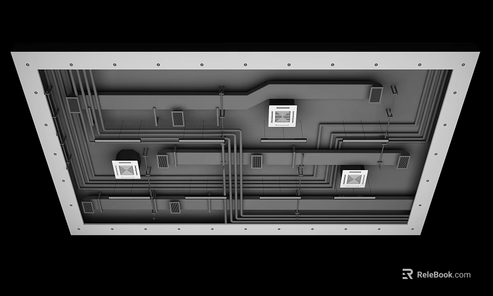 Suspended Ceiling Structure with Metal Frames Pipes Vents and Wiring Installation 3d model 