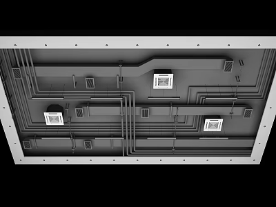 Suspended Ceiling Structure with Metal Frames Pipes Vents and Wiring Installation 3d model