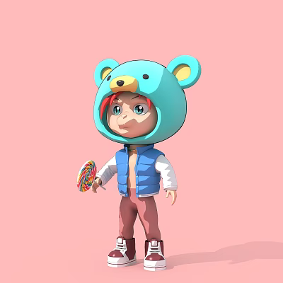 Game Movie Character With Blue Bear Hat Red Hair And Colorful Lollipop 3d model