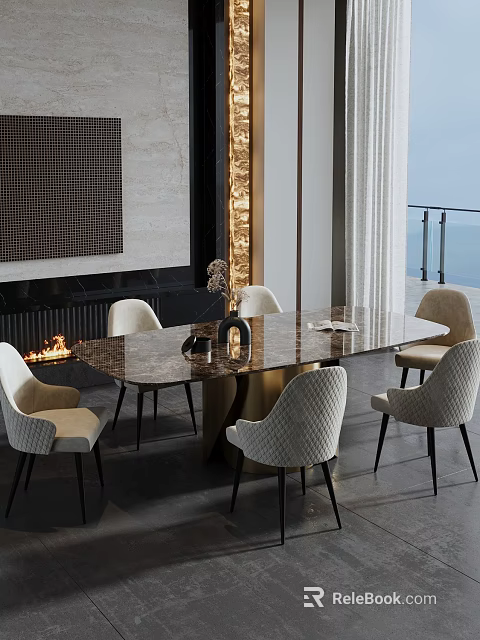 Elegant Modern Dining Table Set With Marble Top Upholstered Beige Chairs Fireplace And Large Windows 3d model 