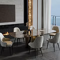 Elegant Modern Dining Table Set With Marble Top Upholstered Beige Chairs Fireplace And Large Windows