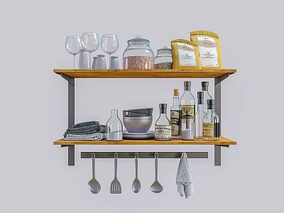Kitchen Utensils On Hanging Shelf With Spoons Jars Bottles Towel And Glasses 3d model