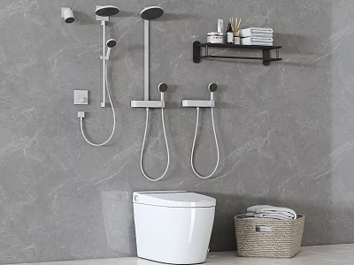 Modern Bathroom Shower System on Grey Marble Wall with Toilet Towel Rack and Wicker Basket 3d model