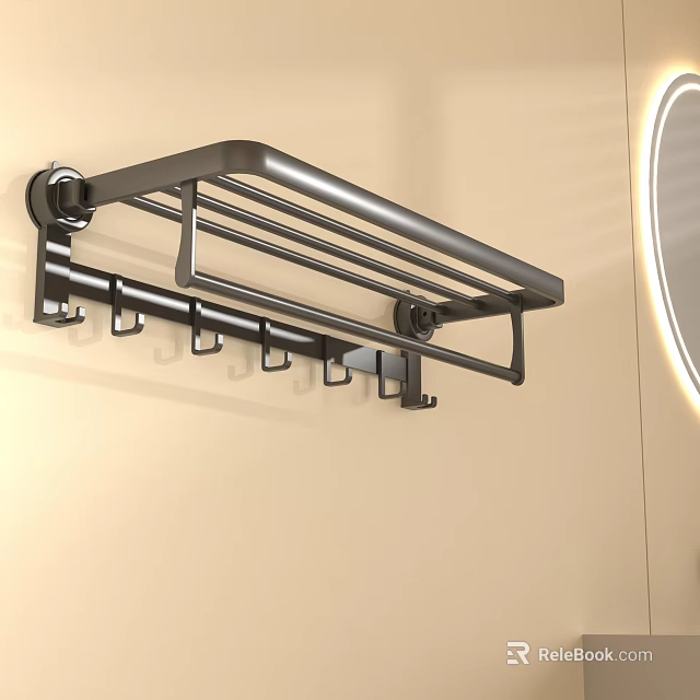 Black Wall Mounted Towel Rack With Multiple Hooks On Beige Wall And Round Mirror 3d model
