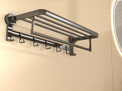 Black Wall Mounted Towel Rack With Multiple Hooks On Beige Wall And Round Mirror 3d model