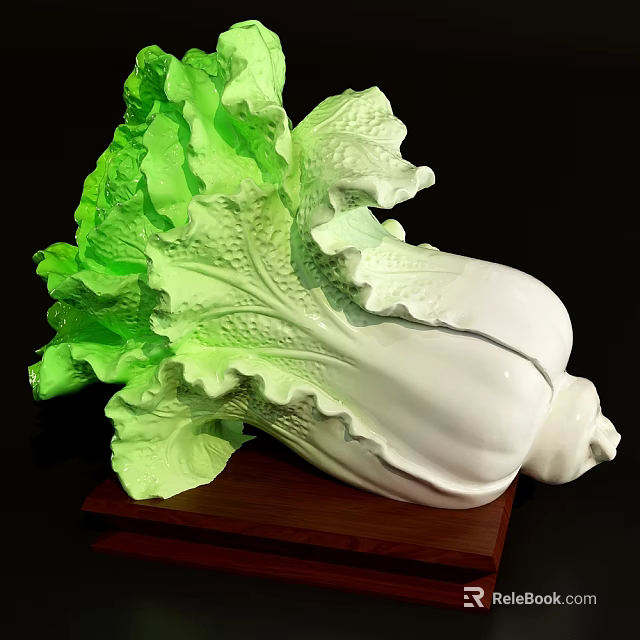Cabbage Shaped Decorative Ornament Set With Green Leaves White Body And Wooden Base 3d model 