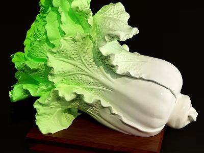 Cabbage Shaped Decorative Ornament Set With Green Leaves White Body And Wooden Base 3d model