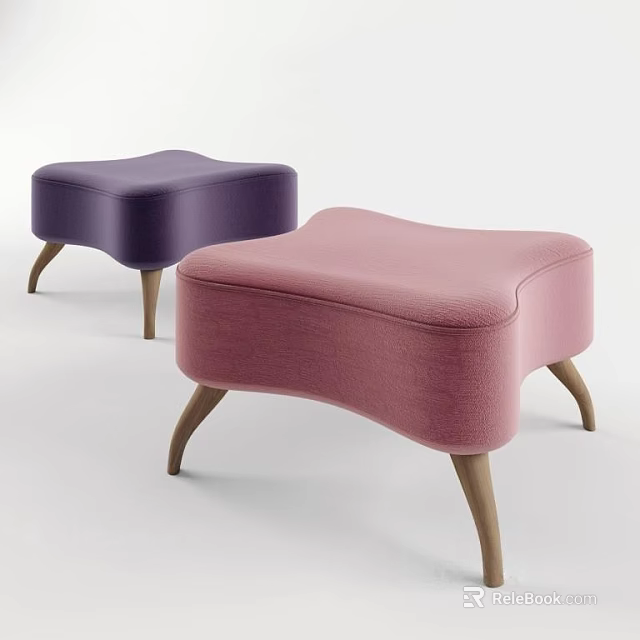 Purple and Pink Ottoman Footstools with Soft Padded Tops and Curved Wooden Legs 3d model 