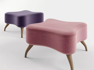 Purple and Pink Ottoman Footstools with Soft Padded Tops and Curved Wooden Legs 3d model