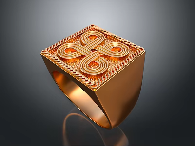 Gold Square Men's Ring With Intricate Ornate Pattern And Detailed Design 3d model