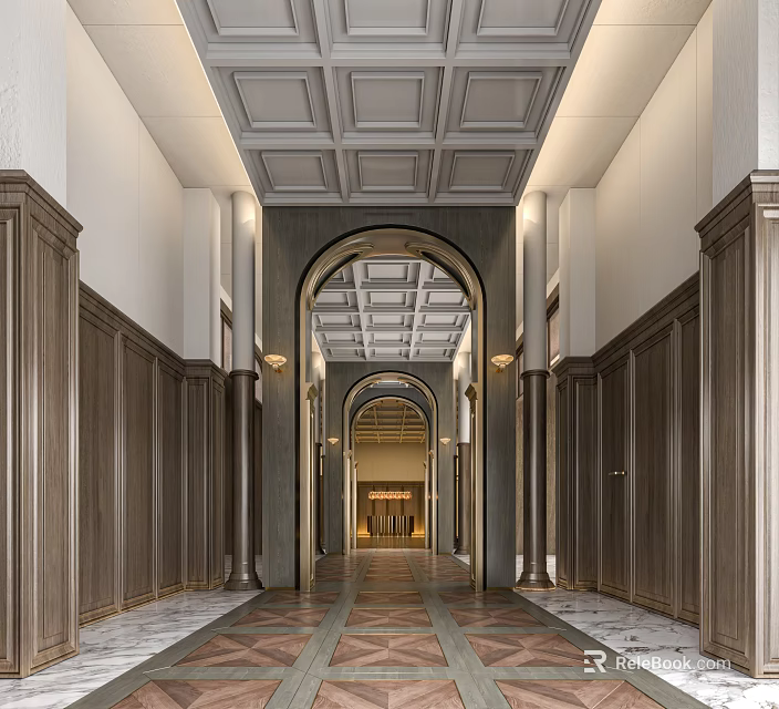 Elegant Hotel Corridor With Arched Doorway Wooden Walls Ceiling Decor And Patterned Flooring 3d model 