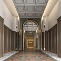Elegant Hotel Corridor With Arched Doorway Wooden Walls Ceiling Decor And Patterned Flooring