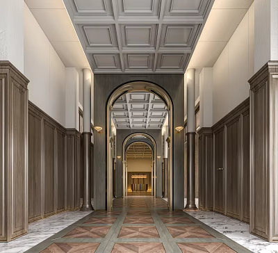 Elegant Hotel Corridor With Arched Doorway Wooden Walls Ceiling Decor And Patterned Flooring 3d model
