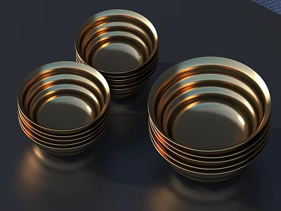 Shiny Golden Metal Bowls Stacked As Practical Daily Household Items 3d model