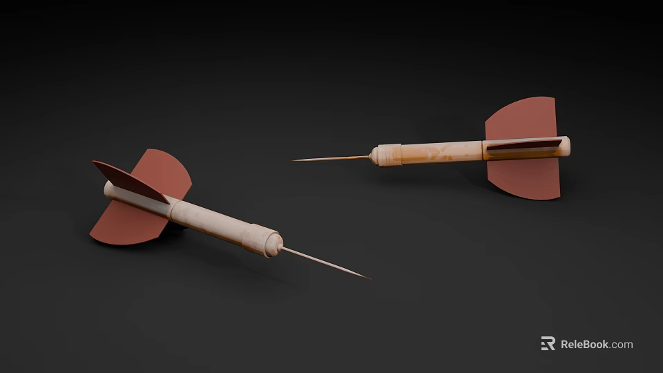 Two Darts With Red Flights Wooden Shafts And Metal Tips On Dark Background 3d model 